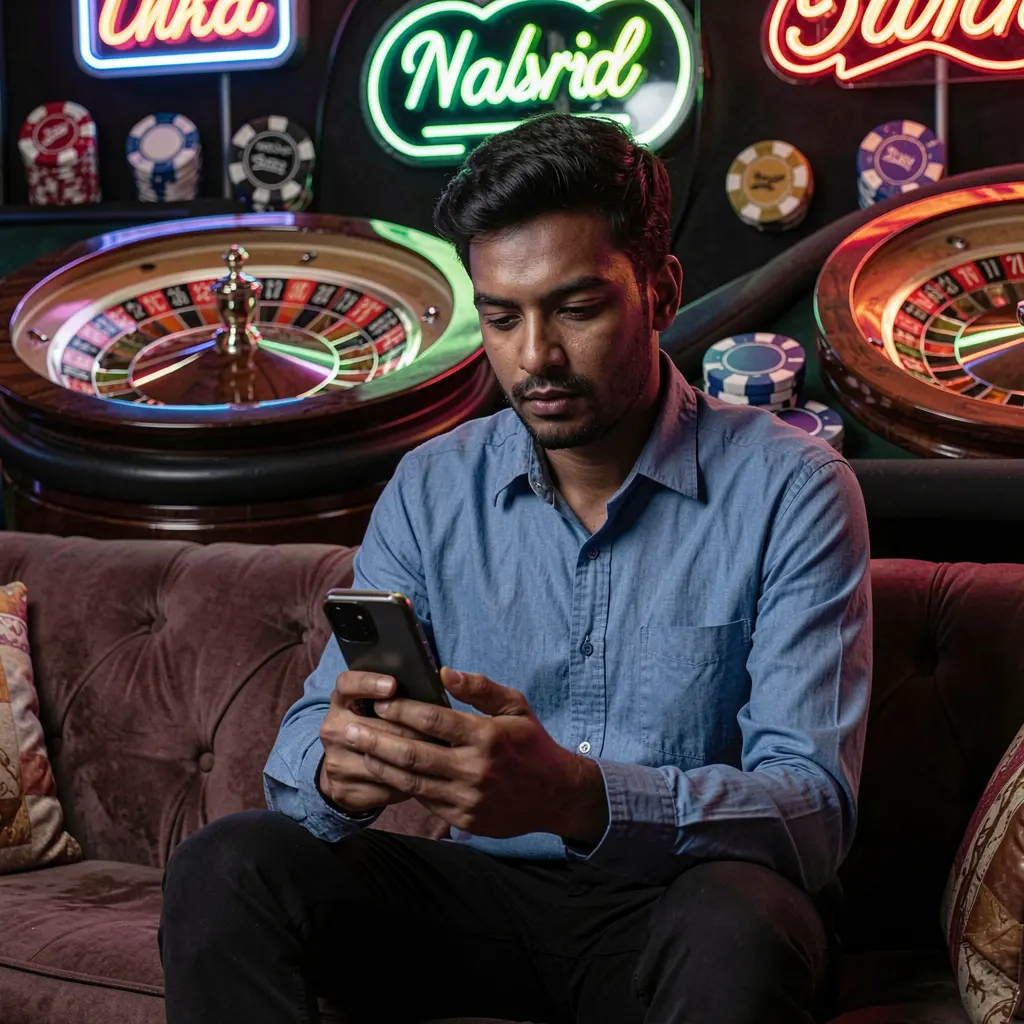 BD10 App – Secure and fast access to premium online casino games in Bangladesh Confident Bangladeshi player using the BD10 casino app on his phone while surrounded by glowing roulette wheels and poker chips