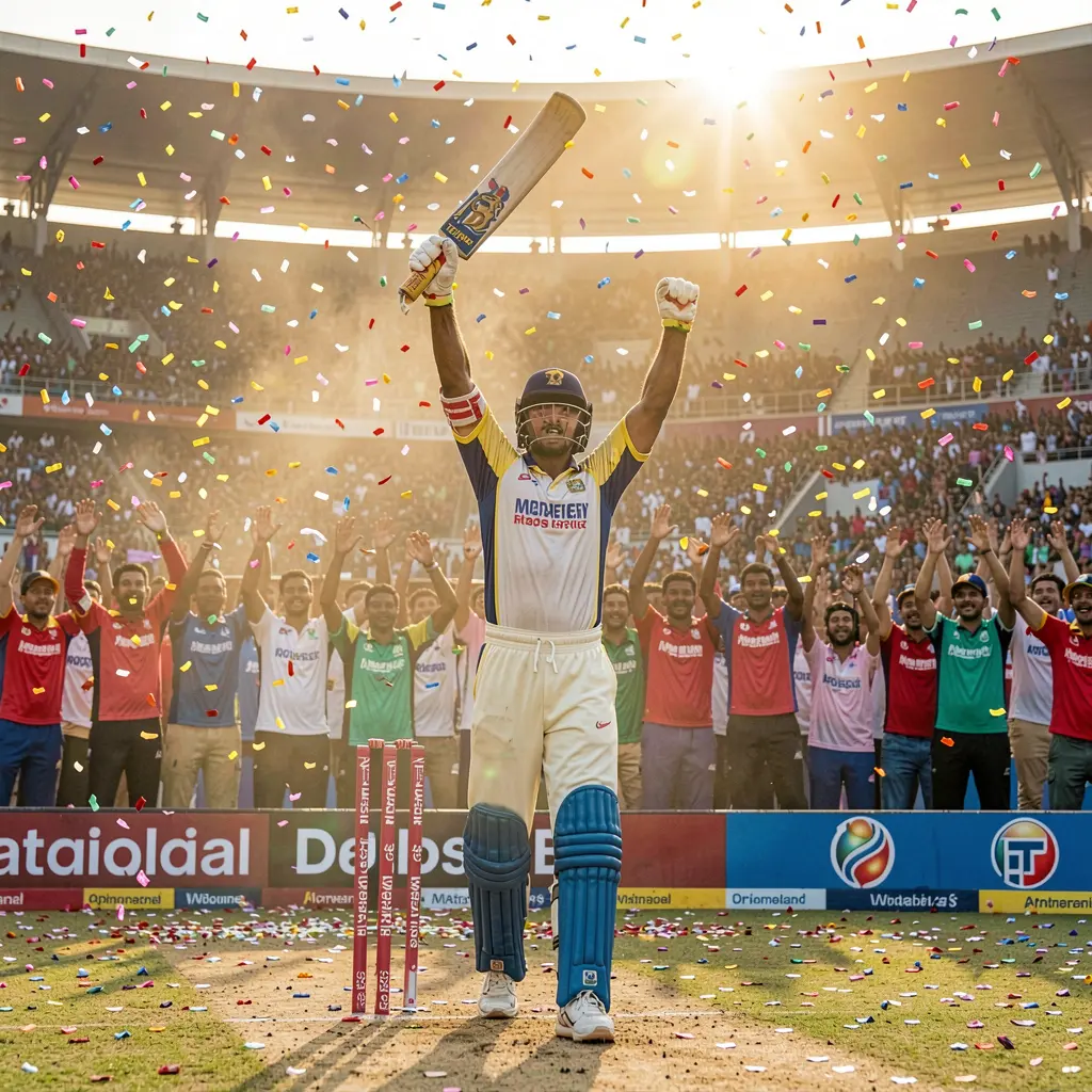 Excited cricket player celebrating a winning moment with raised arms and cheering fans showing the thrill of betting on BD10 in Bangladesh