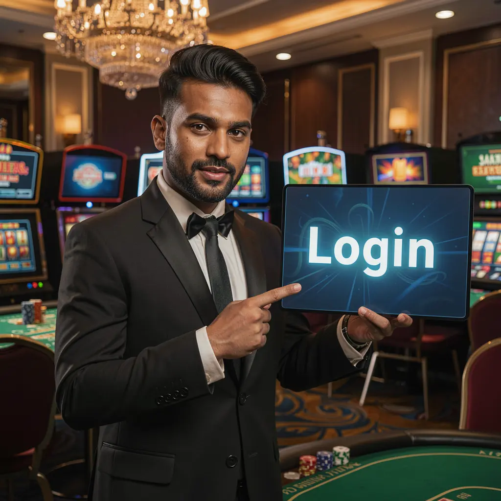Stylish Bangladeshi casino professional pointing toward a glowing login sign inside a modern BD10 casino environment