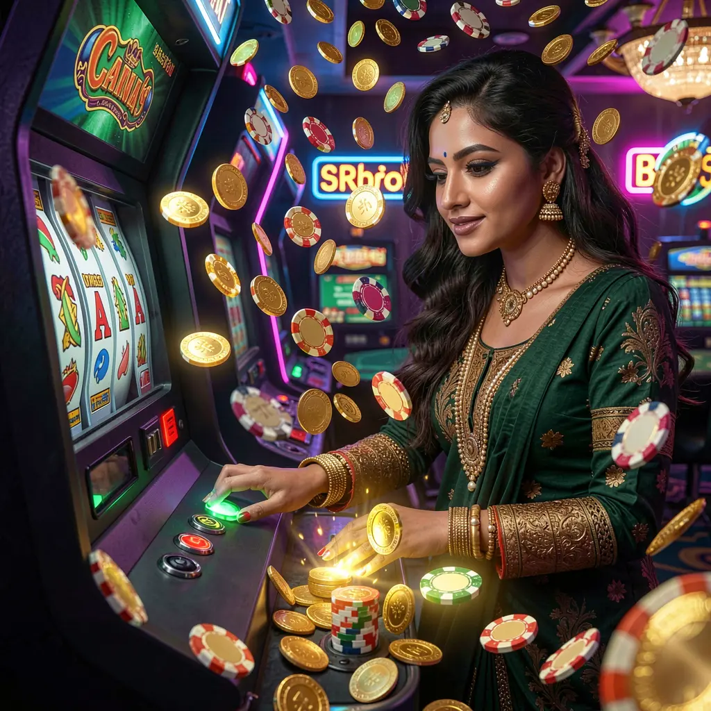BD10 – Experience thrilling slot wins and casino excitement in Bangladesh A stylish woman pressing a slot machine button as golden coins rain down around her representing big wins and excitement at BD10 casino for players in Bangladesh